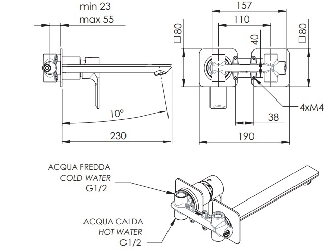 Remer Energy Смеситель для раковины встраиваемый без д/к, излив 23 см, цвет: nichel spazzolato opaco EY15PLNPO