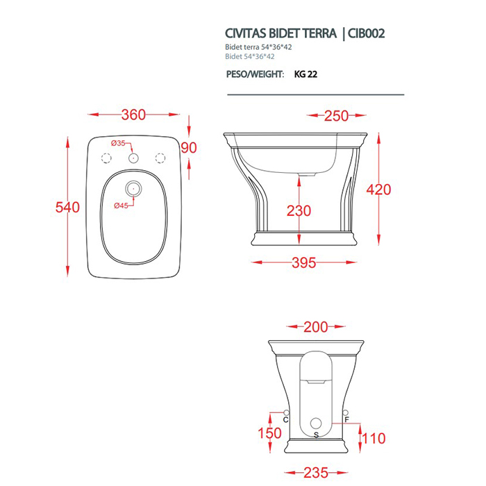ArtCeram Civitas Биде напольное 36x54 см, 1 отв, с переливом, с креплениями, цвет: grigio acquarello CIB002 34 00