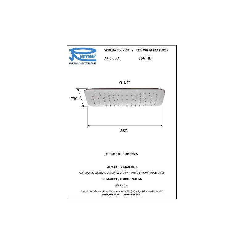 Remer Верхний душ 35x25 см, 1 режим, без кронштейна, цвет: bianco lucido/cromo 356REX