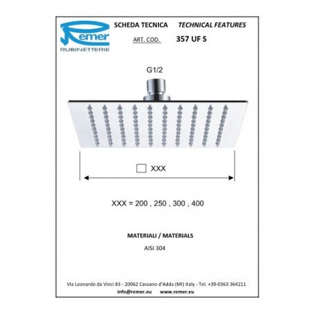 Remer Верхний душ 40x40 см, 1 режим, без кронштейна, цвет: nero opaco 357UFS40NOx
