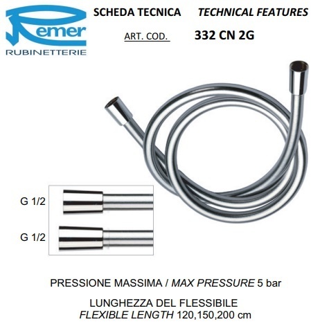 Remer Душевой шланг ПВХ 150 см, цвет: nero opaco 332CN2G150NO