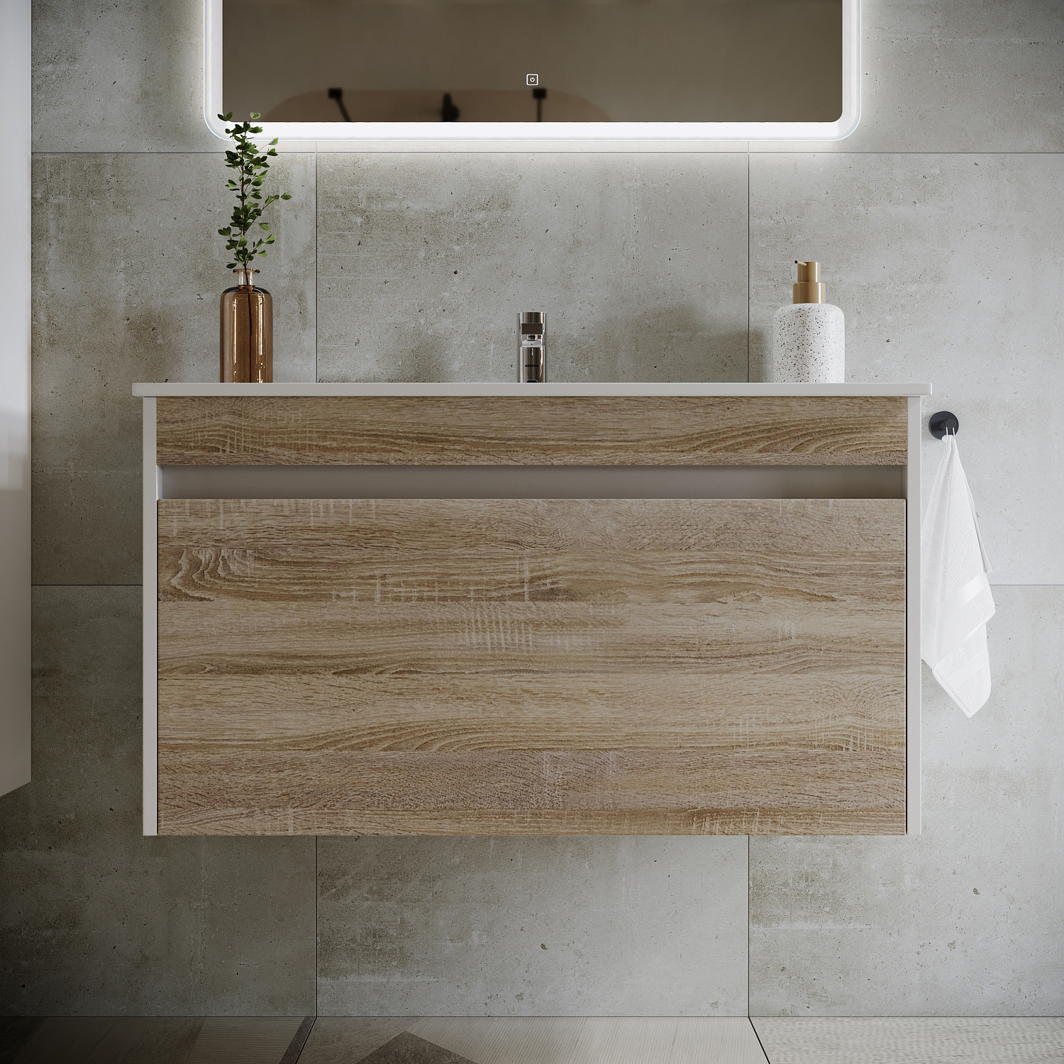 Sancos Smart Тумба для раковины подвесная 89x45x50h см, цвет: дуб бардолино/белый SM90E
