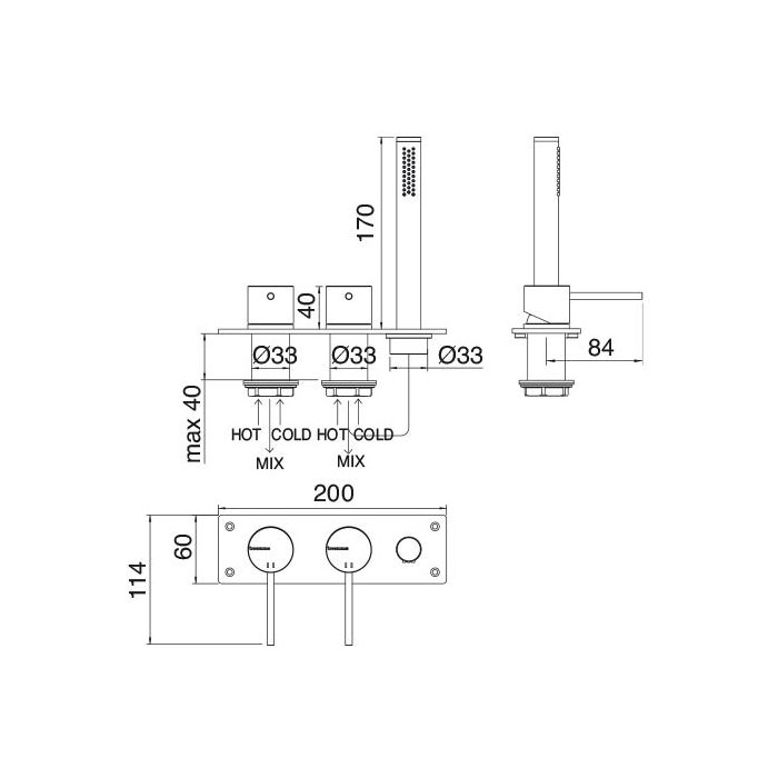 Treemme 40MM Смеситель на борт ванны, на 3 отверстия, без излива, цвет: нержавеющая сталь 1369IS