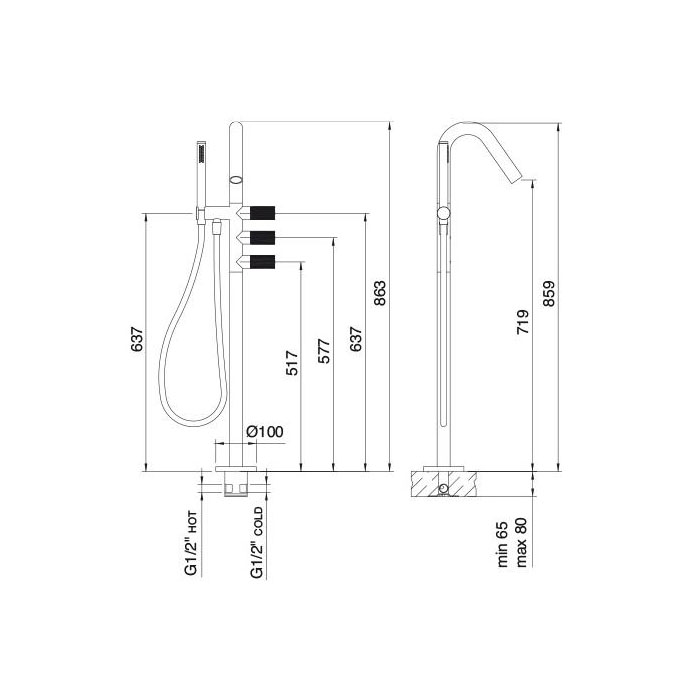 Treemme 22MM Смеситель для ванны напольный, цвет: нержавеющая сталь 6084IS