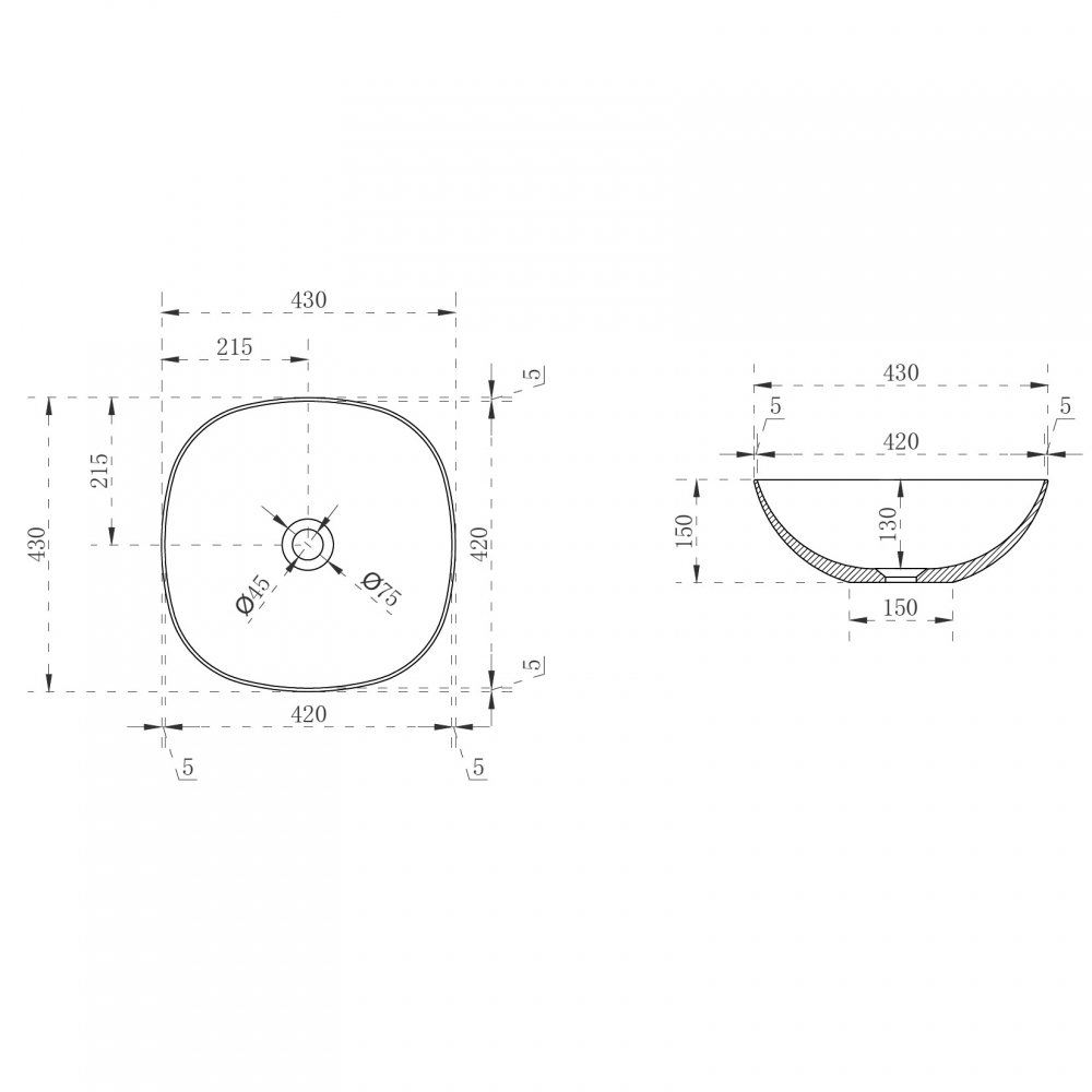 Abber Kristall Раковина накладная прозрачная квадратная 43x43x15h см, цвет: черный AT2806Onyx