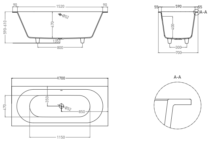 Salini Ornella Axis Ванна S-Sense встраиваемая 170x70 см, цвет: RAL полностью матовый 104613MRF