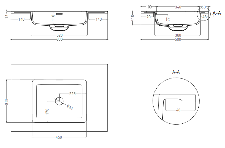 Salini Onda 80 Раковина столешница прямоугольная, 80x50x16h см, матовый цвет: RAL 1402201MF
