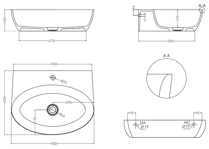 Salini Alda Wall 02 Раковина подвесная округлая 58x45x15h см, цвет: белый матовый 140322M