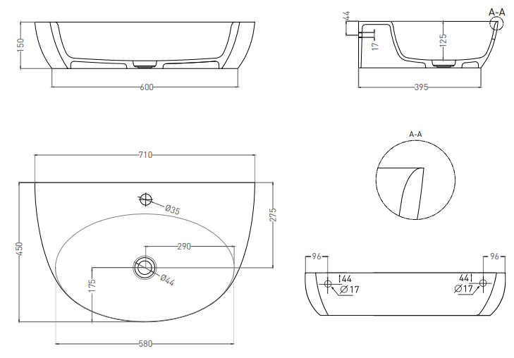 Salini Alda Wall 03 Раковина подвесная округлая 71x45x15h см, цвет: белый матовый 140323M