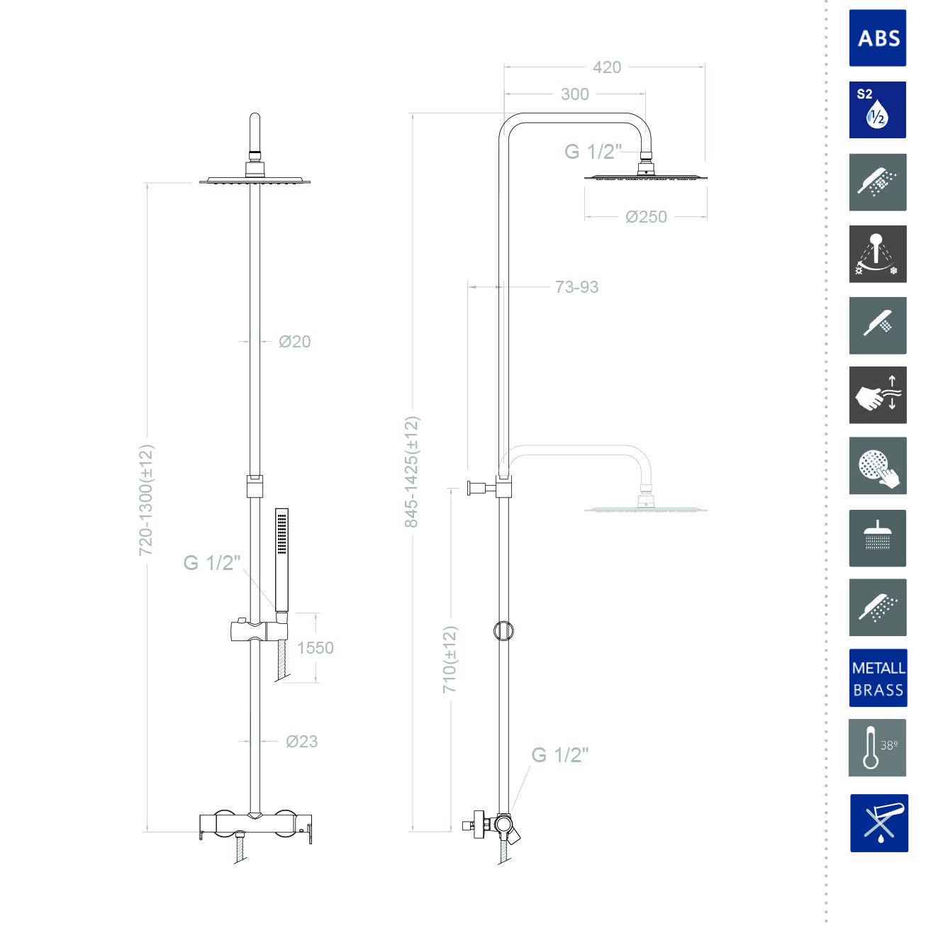 Ramonsoler Blautherm Душевая стойка с верхним тропическим душем 25x142,5h см, цвет: хром 9374RM250