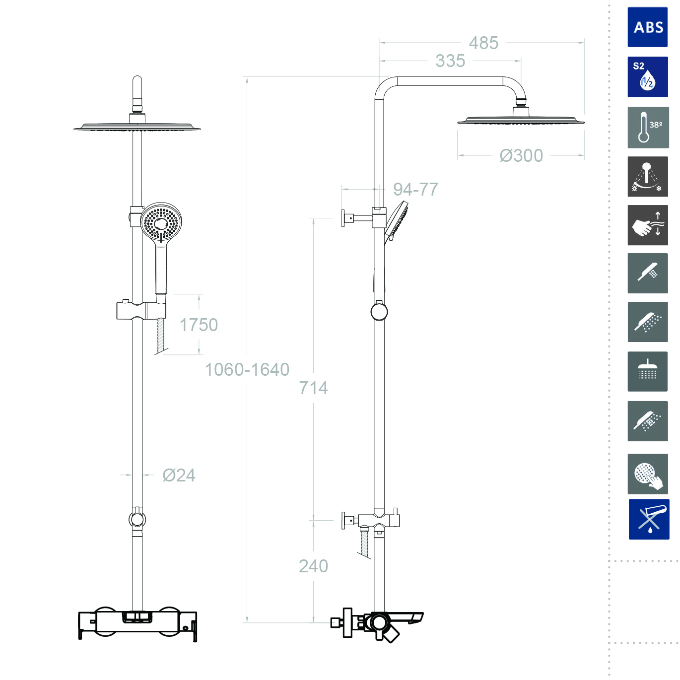 Ramonsoler Blautherm Душевая стойка с верхним тропическим душем 30x164h см, цвет: хром 935602RP300