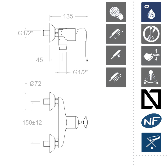 Ramonsoler Ypsilon Plus Термостатический смеситель настенный с душем, цвет: хром 6408T3