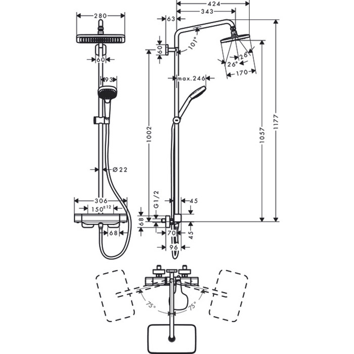 Hansgrohe Croma E Душевая стойка: термостат, верхний душ 28x17 см, ручной душ 3 режима, цвет: хром 27630000