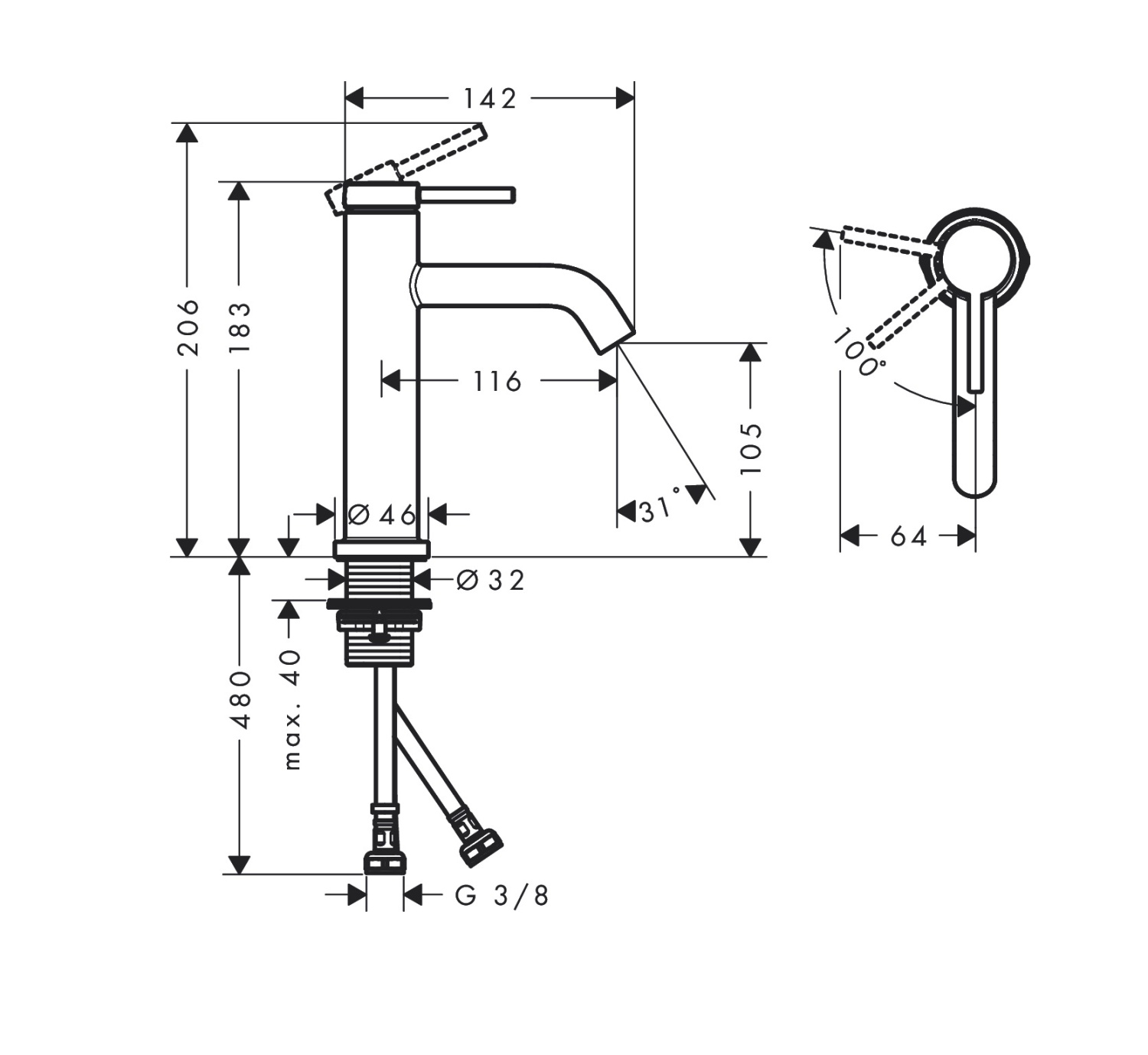 Hansgrohe Tecturis S Смеситель для раковины однорычажный, без донного клапана, цвет: матовый черный 73312670