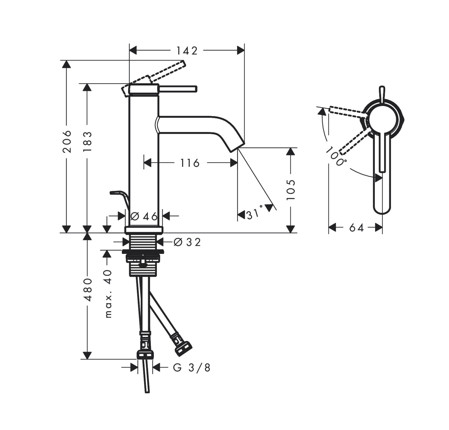 Hansgrohe Tecturis S Смеситель для раковины однорычажный, с донным клапаном, цвет: матовый черный 73314670
