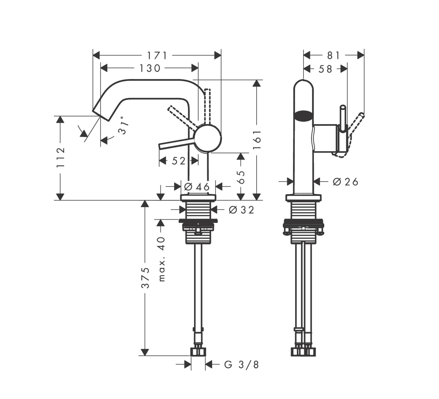 Hansgrohe Tecturis S Смеситель для раковины однорычажный, без донного клапана, цвет: матовый черный 73321670