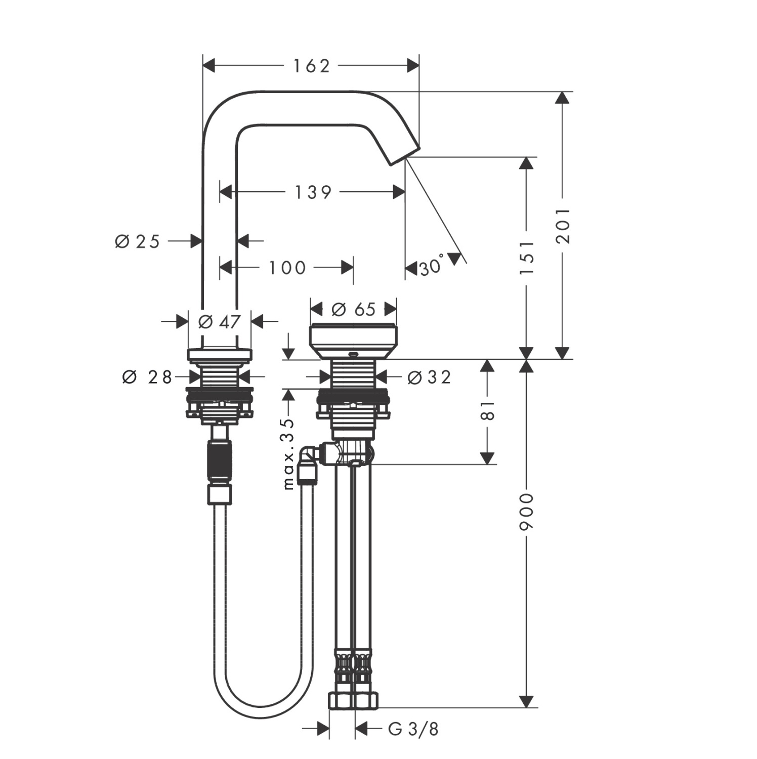 Hansgrohe Tecturis S Смеситель для раковины на 2 отверстия, без донного клапана, цвет: матовый белый 73353700