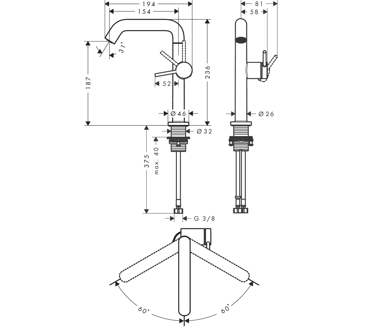 Hansgrohe Tecturis S Смеситель для раковины, высокий, с донным клапаном, цвет: хром 73360000