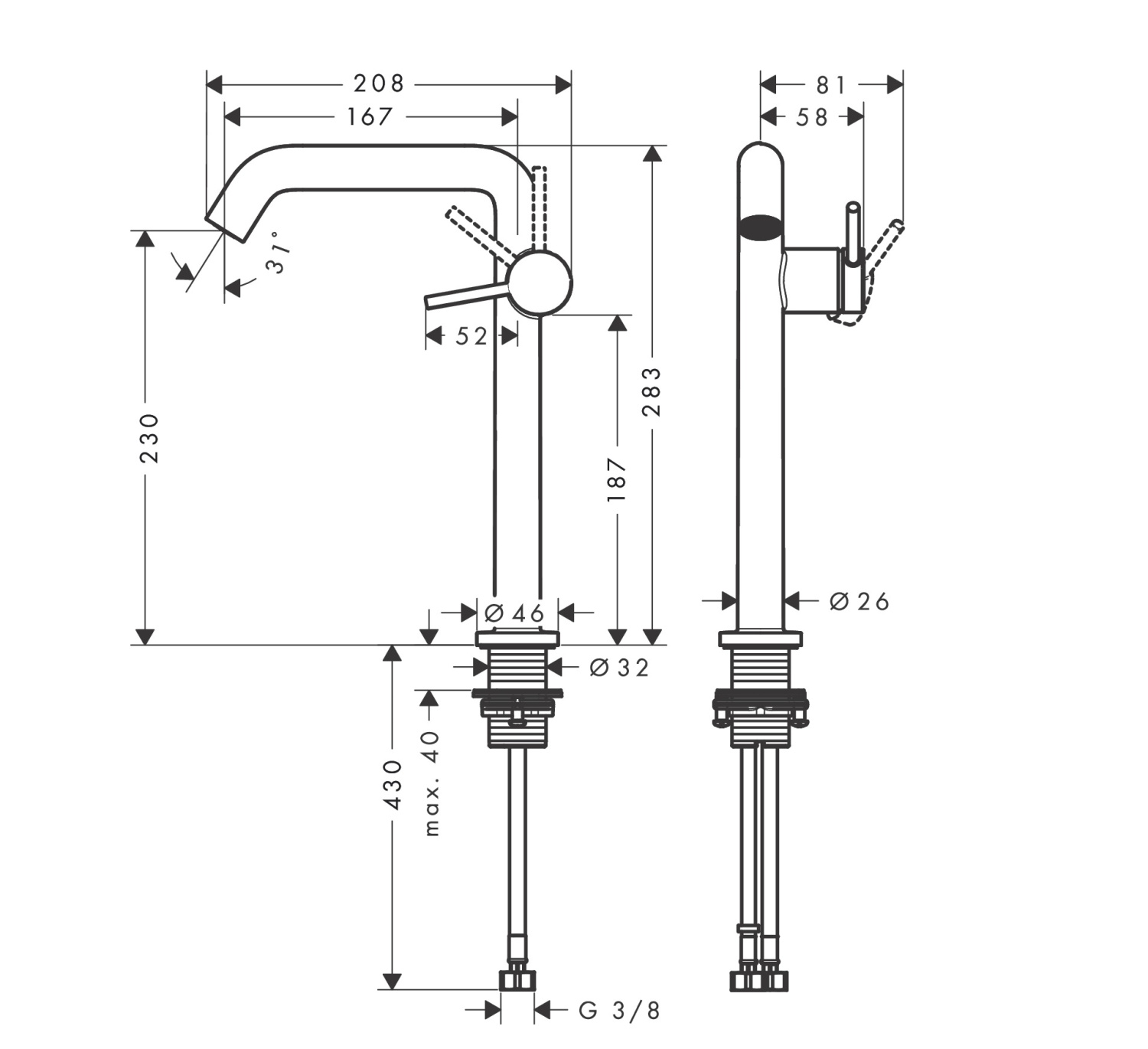 Hansgrohe Tecturis S Смеситель для раковины, высокий, без донного клапана, цвет: матовый черный 73372670