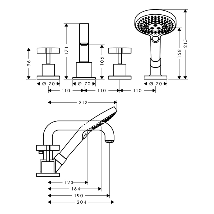 Axor Citterio Смеситель на борт ванны, с ручным душем, внешняя часть, цвет: нержавеющая сталь 39445800