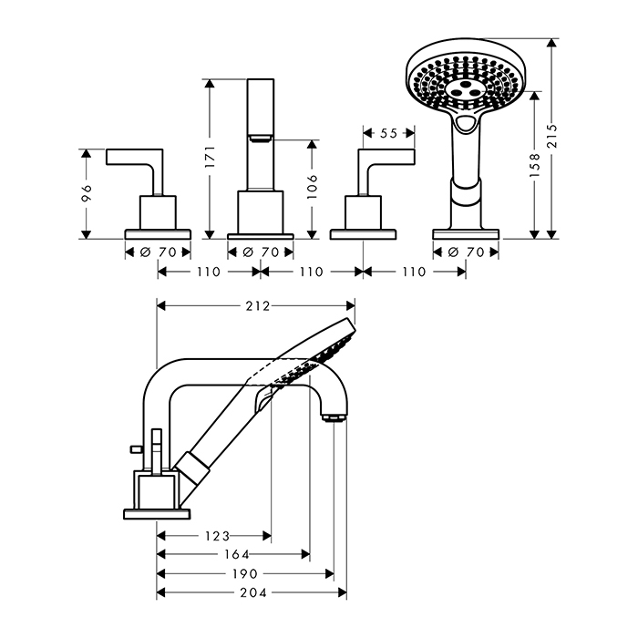 Axor Citterio Смеситель на борт ванны, с ручным душем, внешняя часть, цвет: шлифованный черный хром 39446340