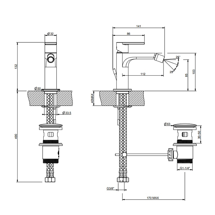 Gessi Emporio Via manzoni Смеситель для биде, однорыч., с донным клапаном, цвет: finox brus nickel 38608#149
