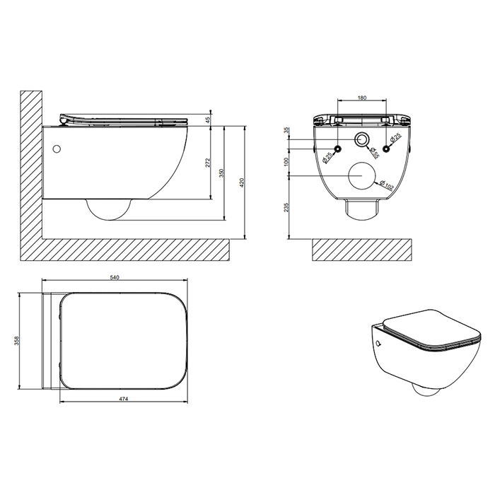 Gessi Origini Унитаз подвесной 54x35 см, микролифт, встроенный сифон, цвет: matt white ceramic 39118#531