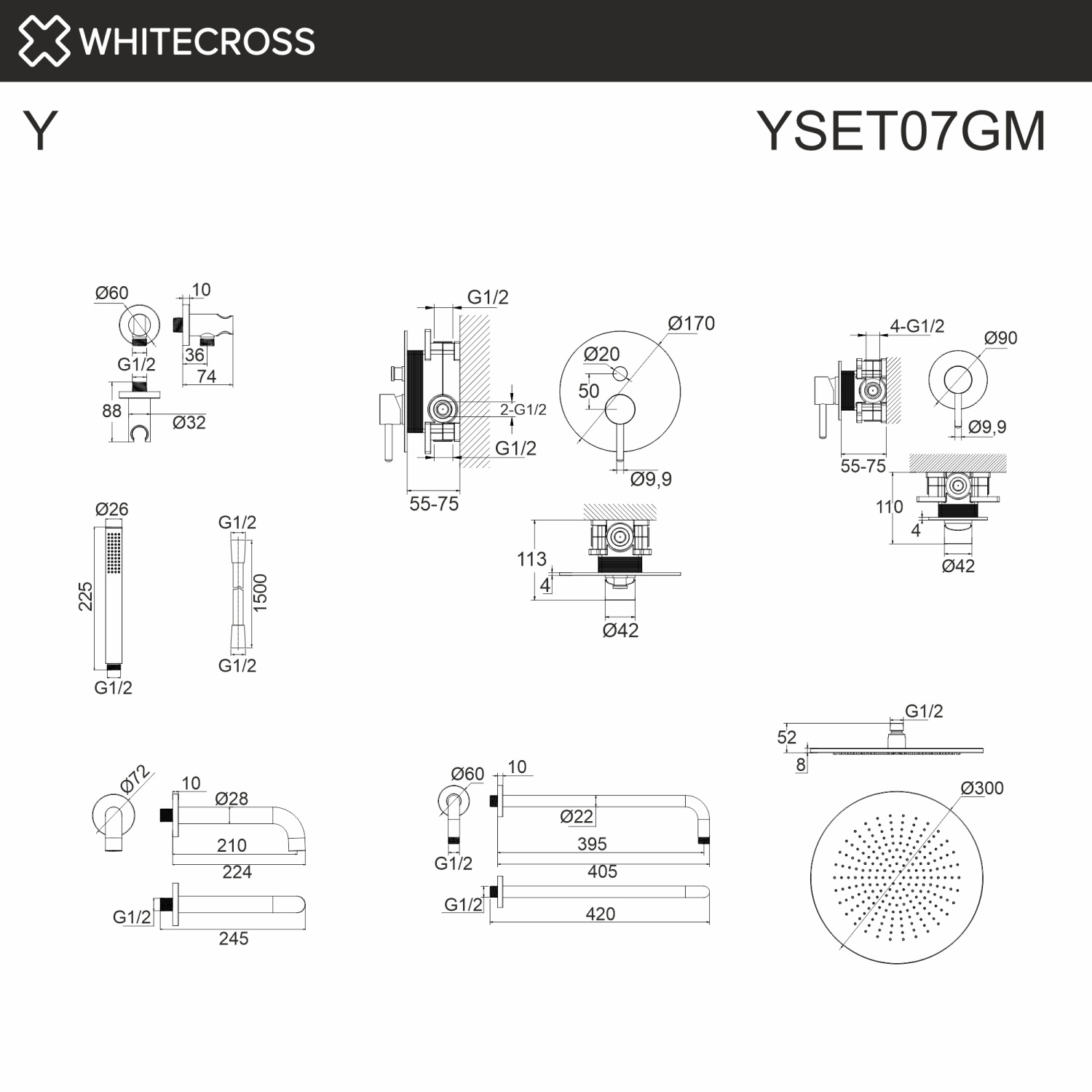 Whitecross Y Душевой комплект встраиваемый: излив 21 см, ручной и верхний душ, цвет: оружейная сталь YSET07GM