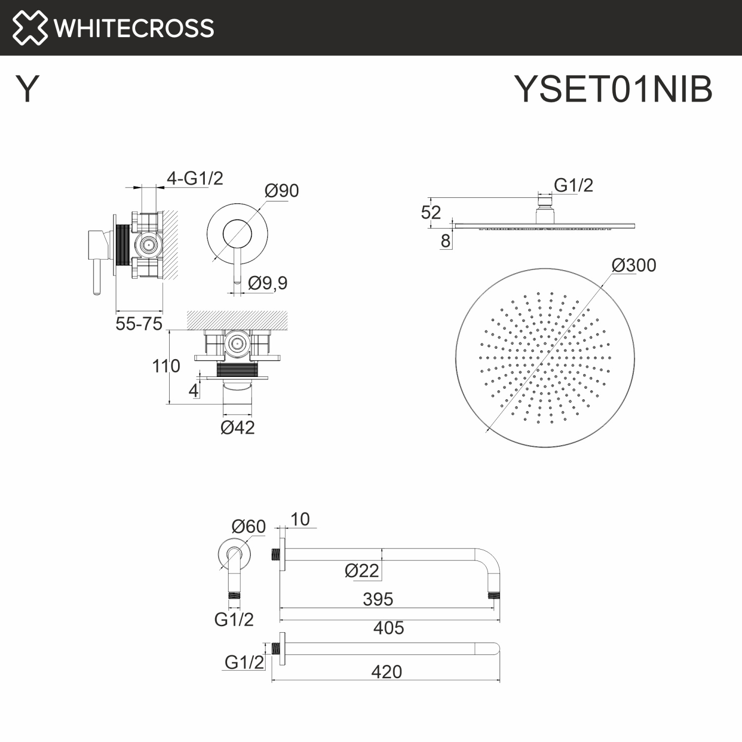 Whitecross Y Душевой комплект встраиваемый: верхний душ 30 см, кронштейн 39,5 см, цвет: никель браш. YSET01NIB