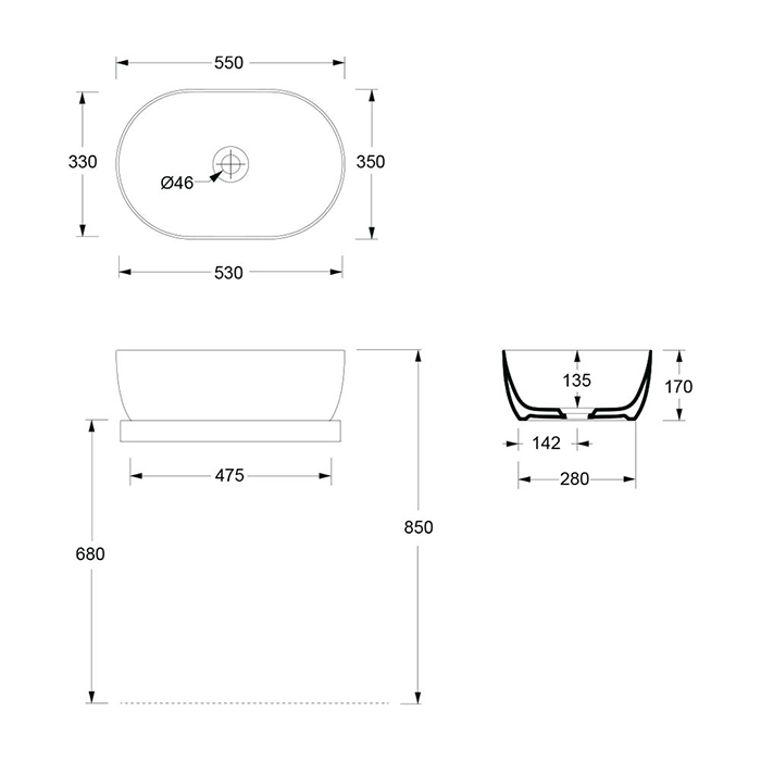 Alice Unica Раковина чаша 55х35х17h см, без перелива, цвет: черный матовый 32120108