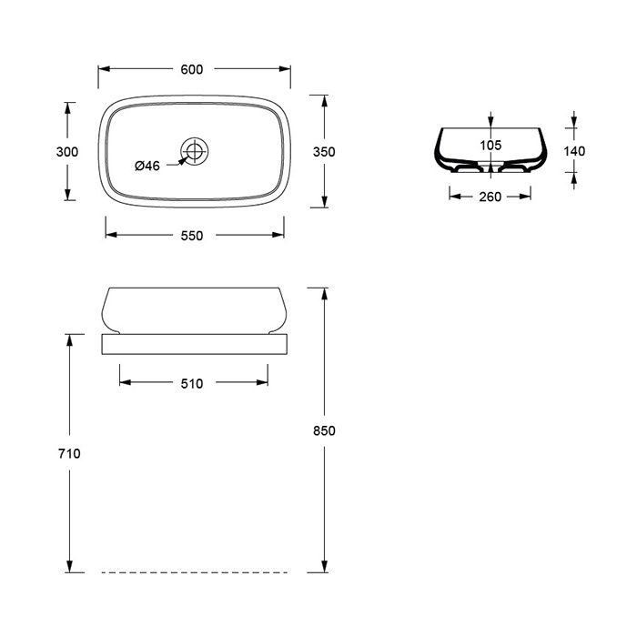 Alice Nur Раковина чаша 60х35х14h см, без перелива, цвет: черный матовый 33250108