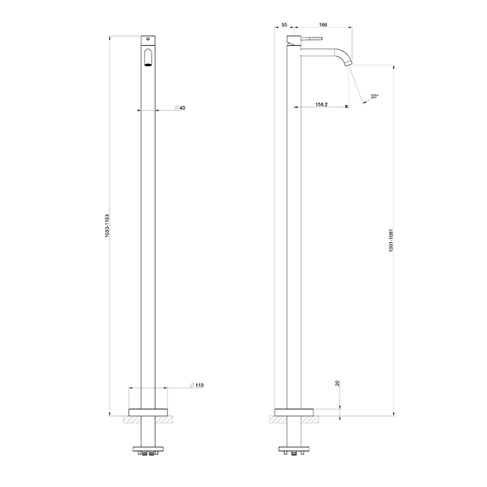 Gessi Flessa Смеситель для ванны напольный, излив 15,6 см, внешняя часть, цвет: matte black 54097#299