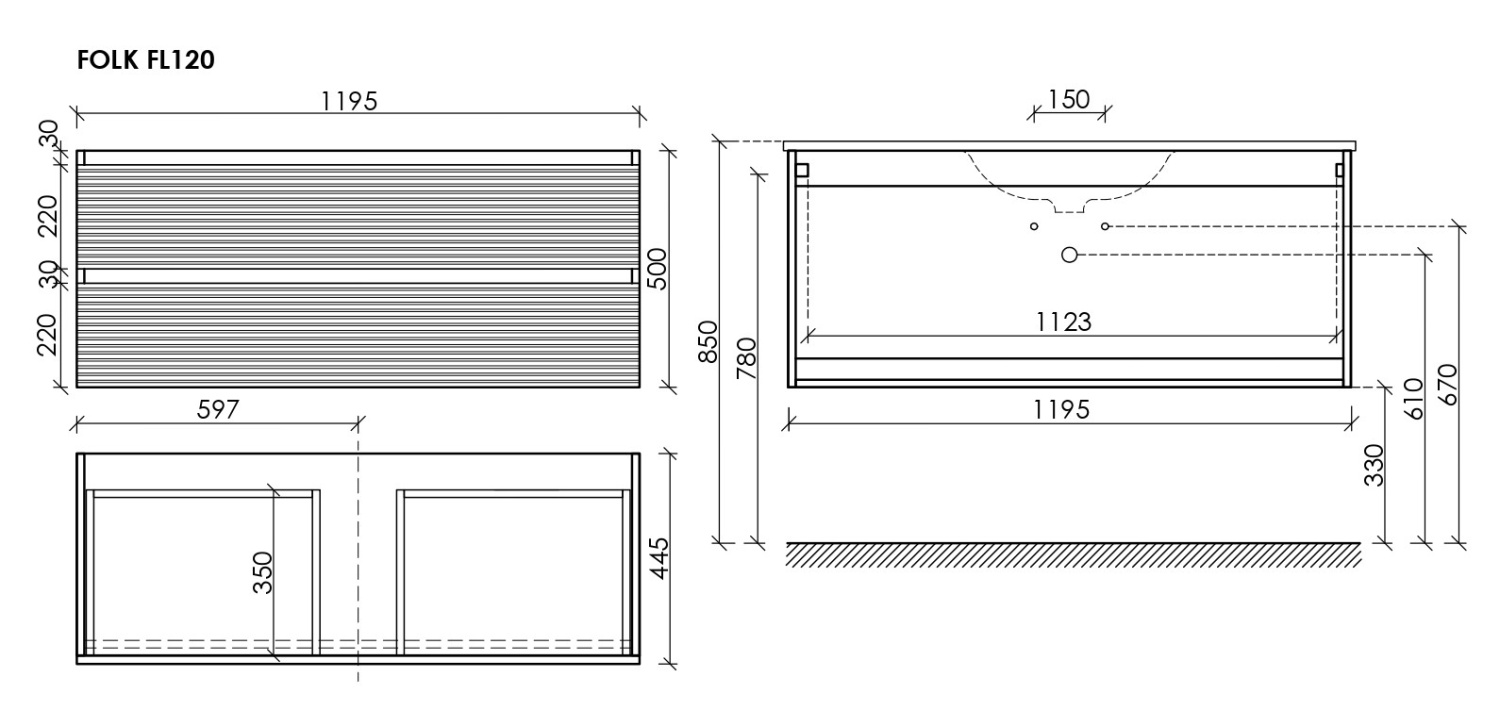 Sancos Folk Подвесная тумба под раковину 119,5х44,5 см, 3D фасад, 2 ящика, цвет: ergraut soft матов. FL120ES