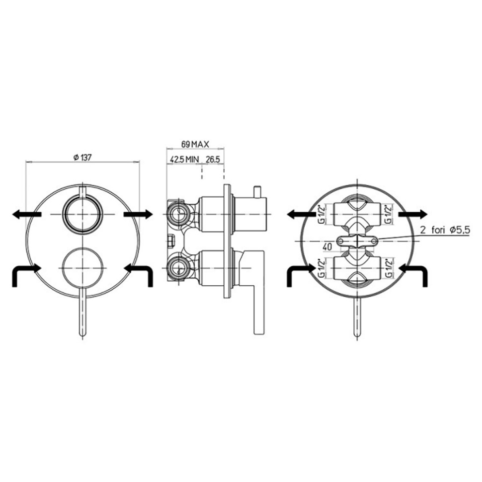 Paini Brera Смеситель для ванны встраиваемый, 2 потребителя, с внутренней частью, цвет: хром 74CR6911
