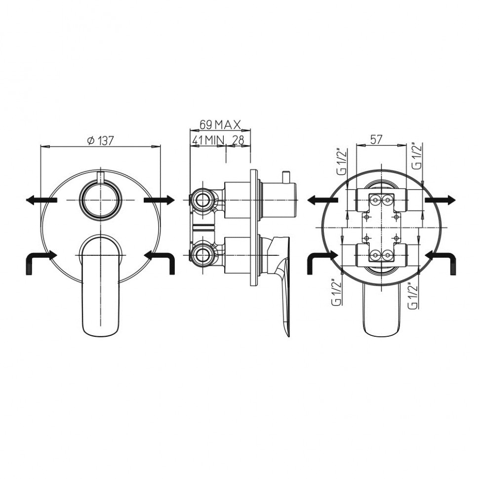 Paini Nove Смеситель для ванны встраиваемый на 2 потребителя, с внутренней частью, цвет: хром 09CR6911