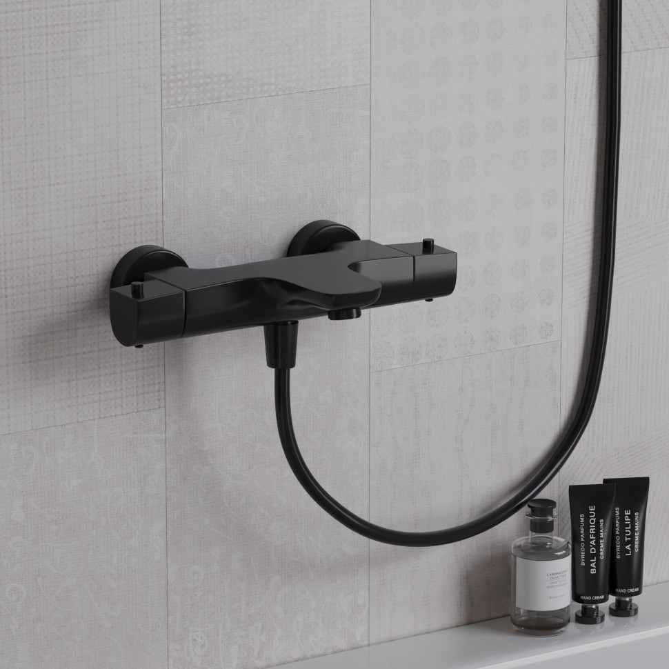 Paini Nove Смеситель для ванны с термостатом, на 2 отверстия, излив 17,6 см, цвет: черный матовый 09YO111TH