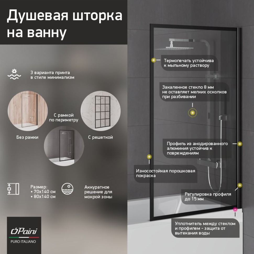 Paini Screen Шторка на ванну, 80 см, неподвижная, принт рамка, цвет: черный матовый Paini-ScreenWT80F