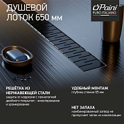 Paini Medium Трап линейный 65 см, перфорированная решетка, цвет: черный матовый CH650MC