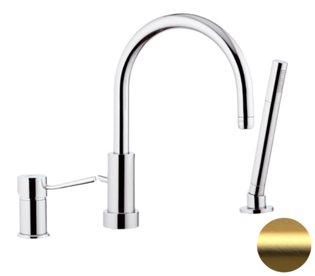 Remer Minimal Смеситель на борт ванны, излив 21,5 см, лейка 1 режим, шланг, цвет: oro spazzolato N072BG