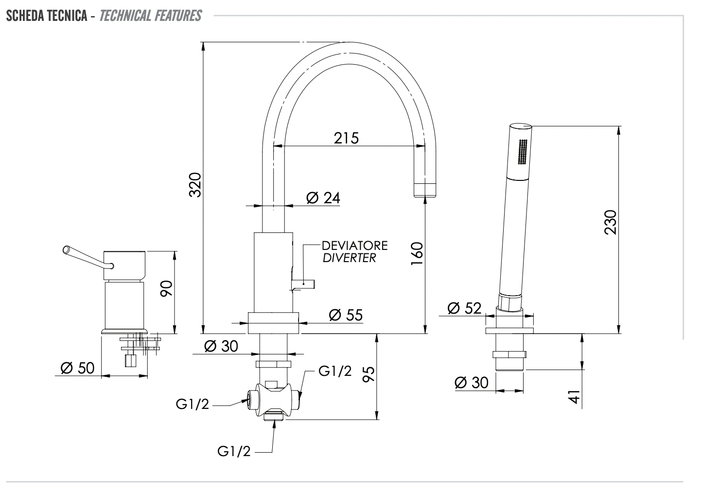 Remer Minimal Смеситель на борт ванны, излив 21,5 см, лейка 1 режим, шланг, цвет: oro spazzolato N072BG