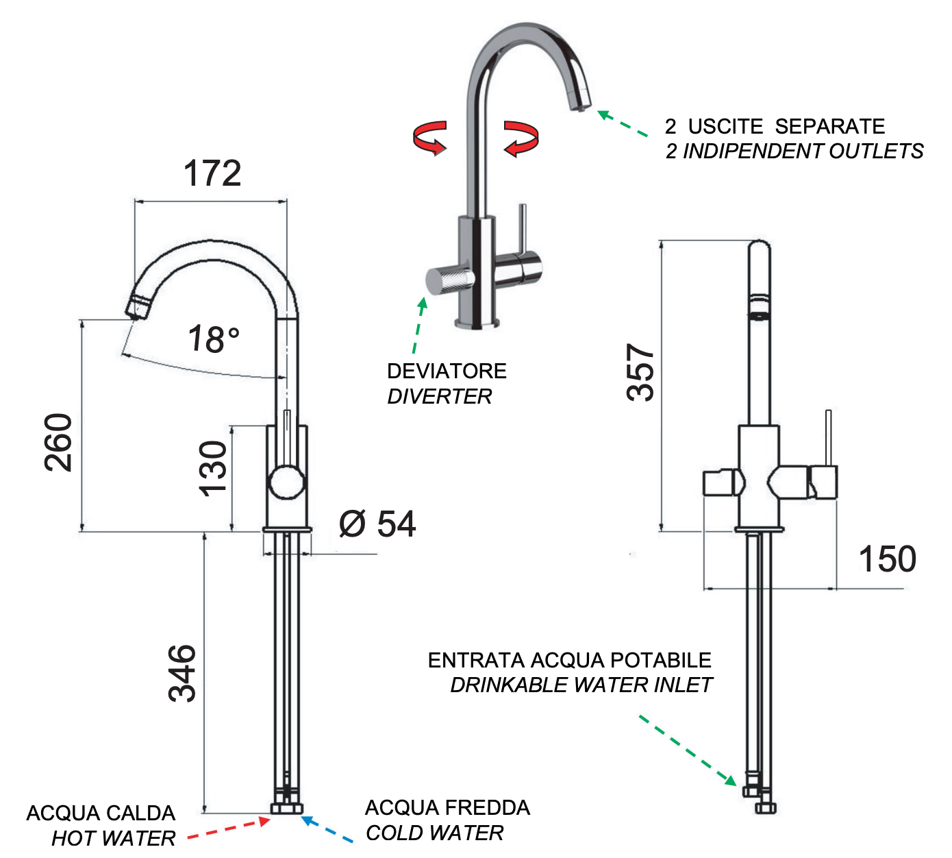 Remer Смеситель для кухни, с независимым каналом для питьевой воды, цвет: vecchio ottone N792DWVO