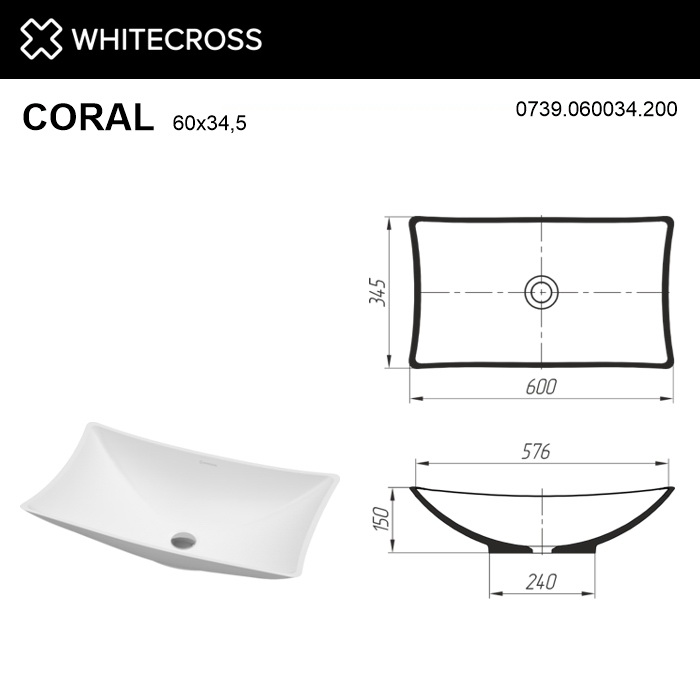 Whitecross Coral Раковина чаша 60х34,5 см, без перелива, цвет: белый матовый 0739.060034.200
