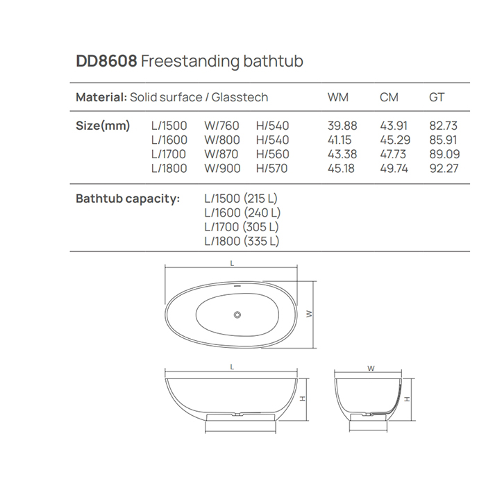 Dea Design Modern Ванна из Solid Surface отдельностоящая 180x90 см, композит, цвет: белый матовый DD8608 1800 18