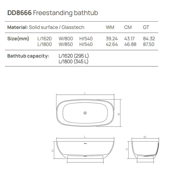 Dea Design Modern Ванна из Solid Surface отдельностоящая 180x85 см, композит, цвет: белый матовый DD8666 1800 18