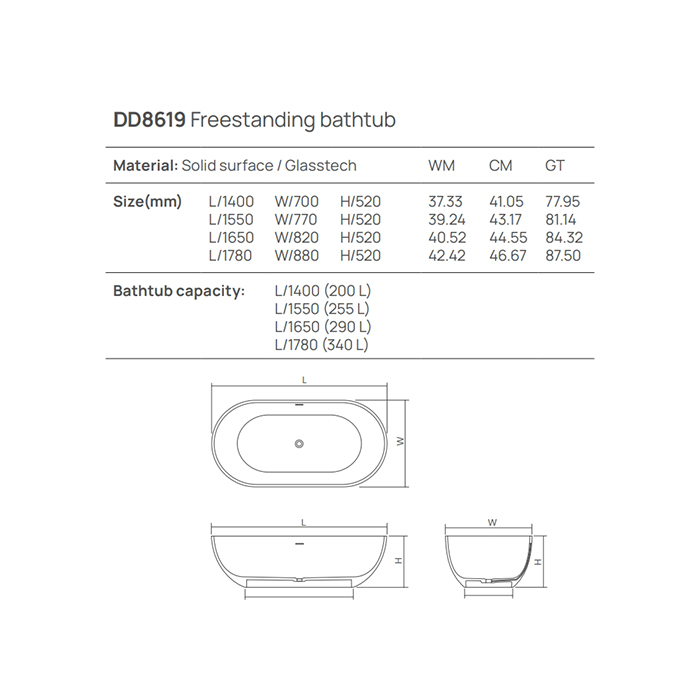 Dea Design Shadow Ванна из Solid Surface отдельностоящая 178x88 см, композит, цвет: белый матовый DD8619 1780 18