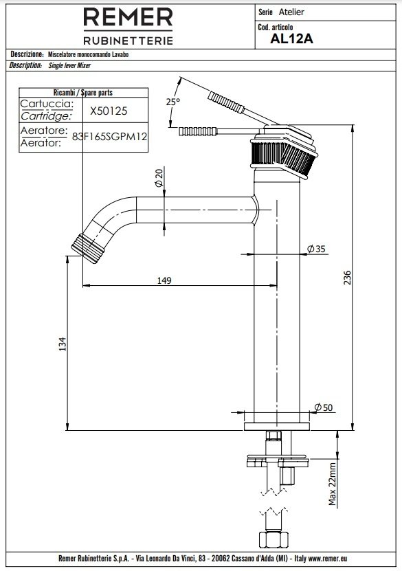 Remer Atelier Смеситель для раковины, без д/к, высота излива 13,4 см, цвет: oro spazzolato AL12ABG