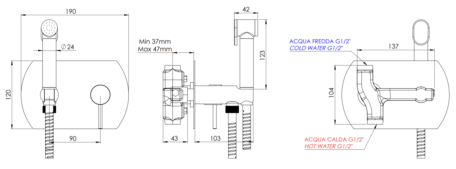 Remer Minimal Гигиенический душ со смесителем, шланг 120 см, с встраиваемой частью, цвет: cromo N60W