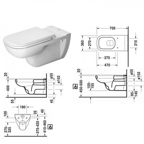 Duravit D-Code Унитаз подвесной 36x70 см, крышка-сиденье отдельно, цвет: белый 22280900002