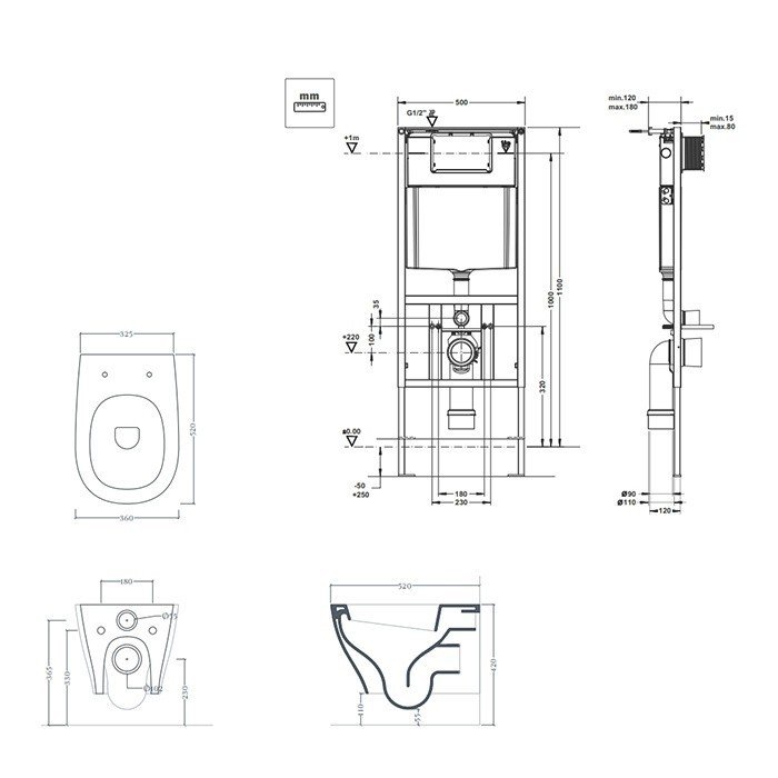 ArtCeram Ten Инсталляция с подвесным унитазом 50x70 см сиденьем и кнопками цвет: glossy white/chrome 700.101.01