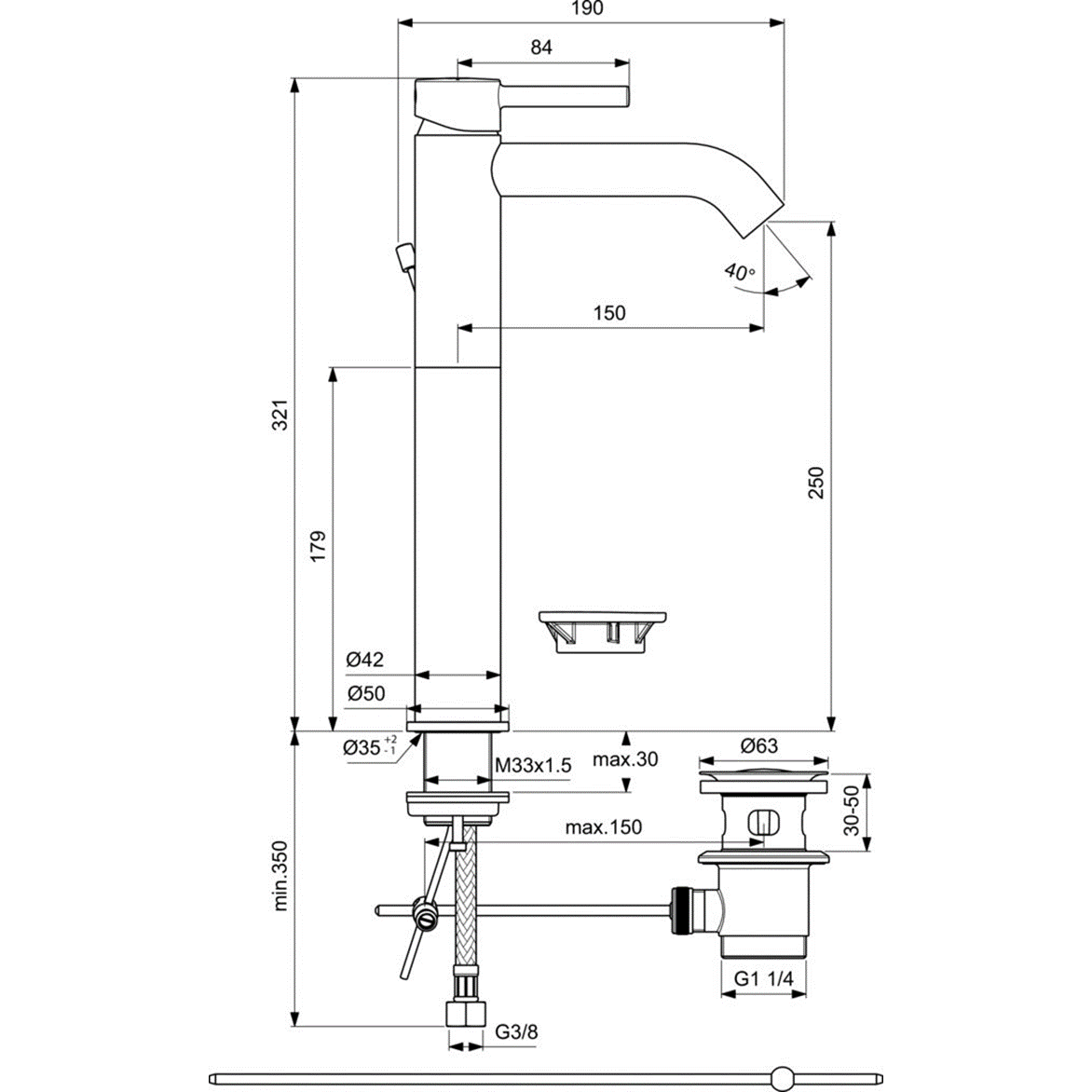 Ideal Standard Ceraline Смеситель для раковины, д/к, высота излива 25,1 см, цвет: chrome BC194AA